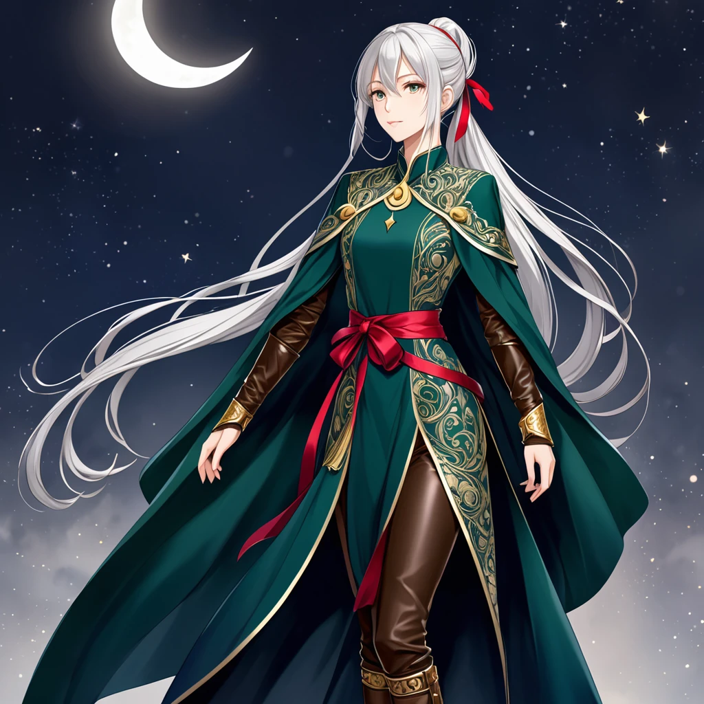 A slender, agile young woman with long, flowing silver hair tied into a high ponytail with a crimson ribbon, wearing a practical yet elegant outfit consisting of a fitted, dark green tunic adorned with intricate gold embroidery, paired with sturdy brown leather pants and knee-high boots, her forearms wrapped in protective leather bracers, and a flowing, deep blue cloak fastened with a silver brooch shaped like a crescent moon.