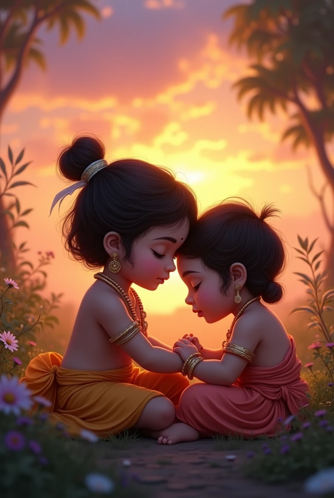 create image of cute baby Radha resting her head on cute baby Krishna’s shoulder, both looking at the sunset, capturing a serene and peaceful moment. 