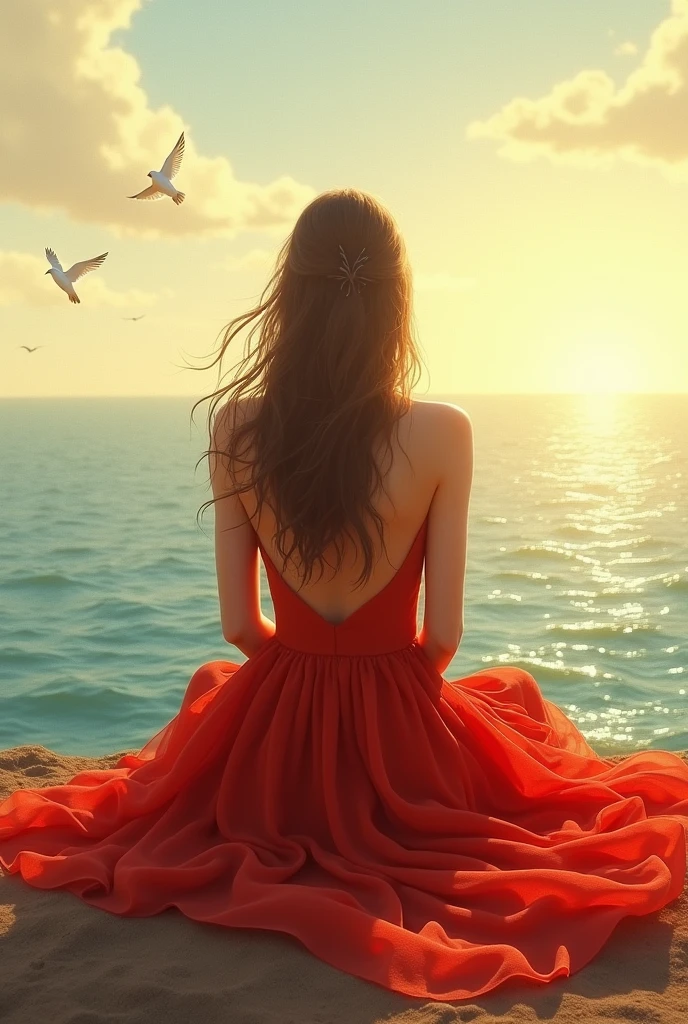 A woman sitting in front of the sea in a beautiful red dress Her hair is down, looking at the sea and the birds so far in the sky, and the sunlight appears on her as if it were hope without any resemblance or clear features 