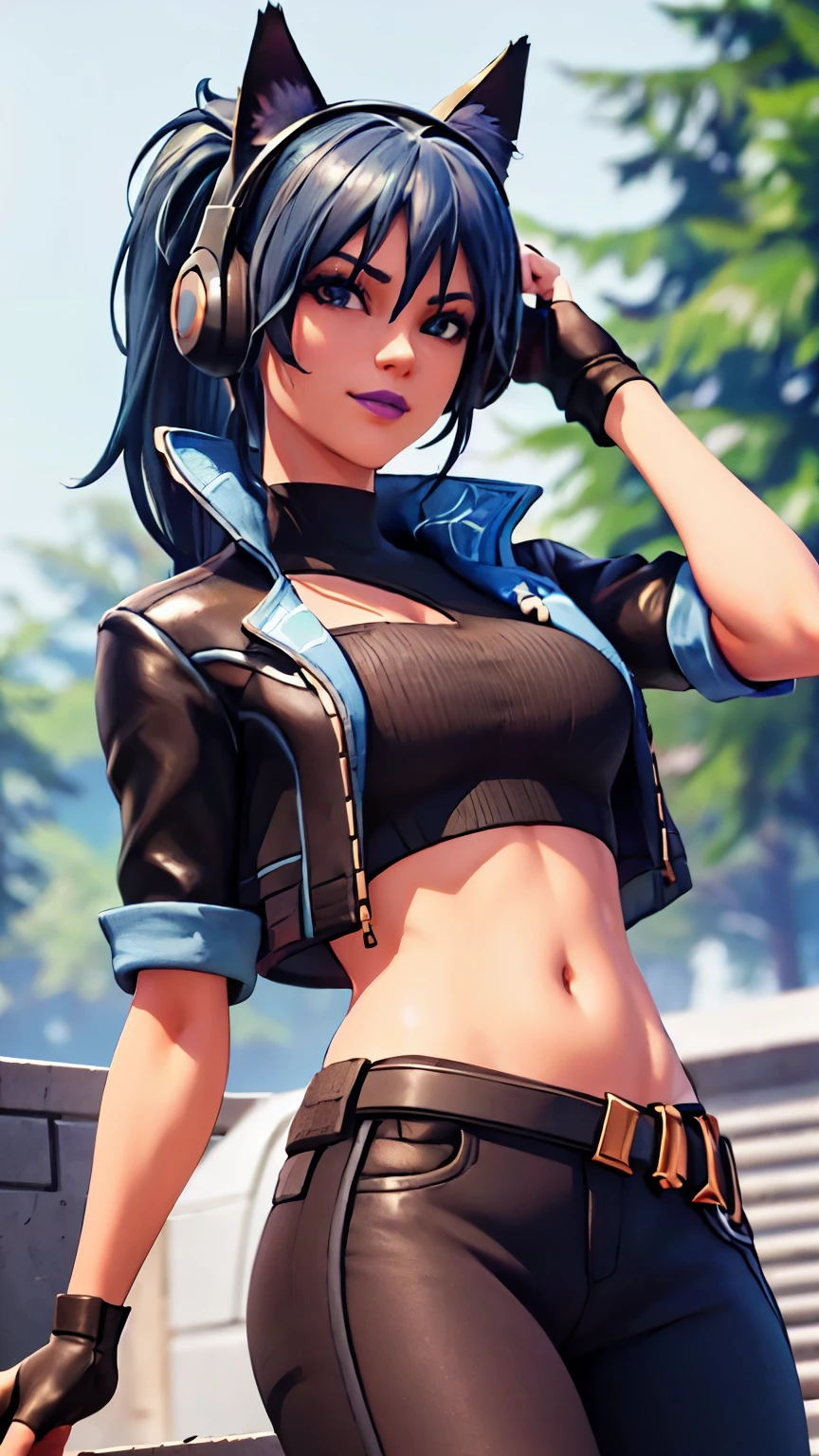 Forest background, 1girl, solo, HeroicHopeFN, Heroic Hope from fortnite, (crop top, black top, open clothes), (jacket crop top, black jacket, blue loose, jacket loose), fingerless gloves, black pants, blue belt, blue hair, ponytail, blue eyes, headphones, cat ears headphones, holster, holster spray cans, purple lips, lipsticks, smirk, looking at viewer,