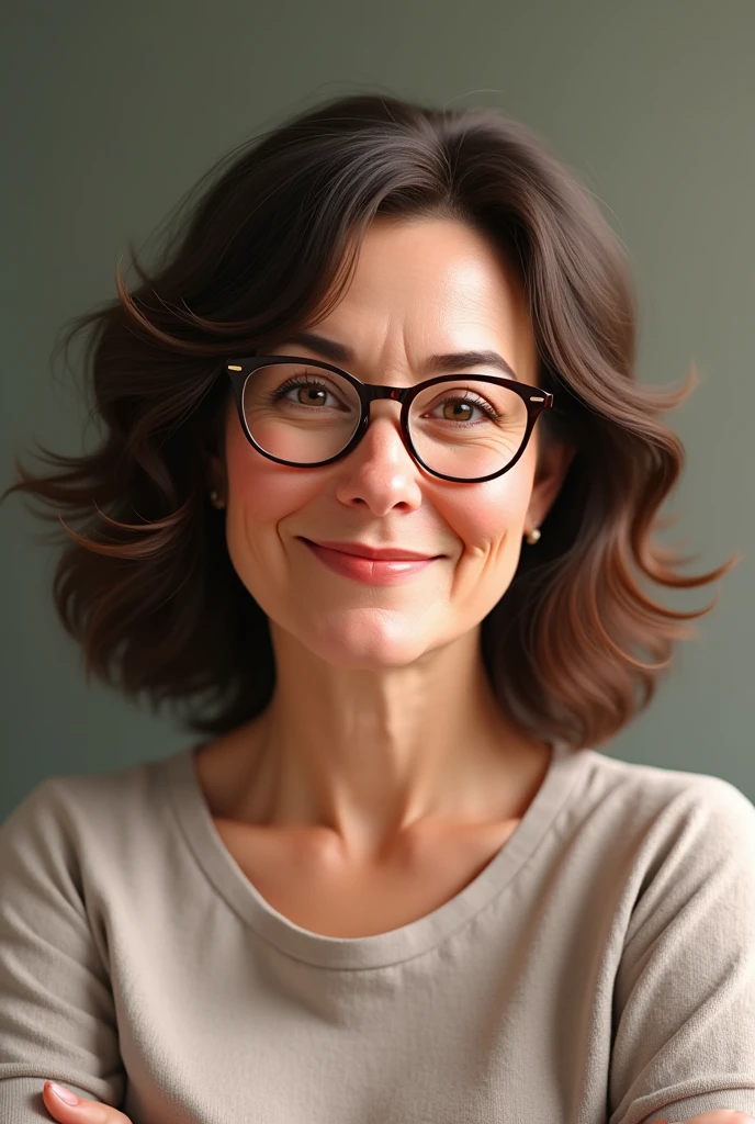 A woman with curly hair, Shoulder-length tan and glasses. A little bit fatter
