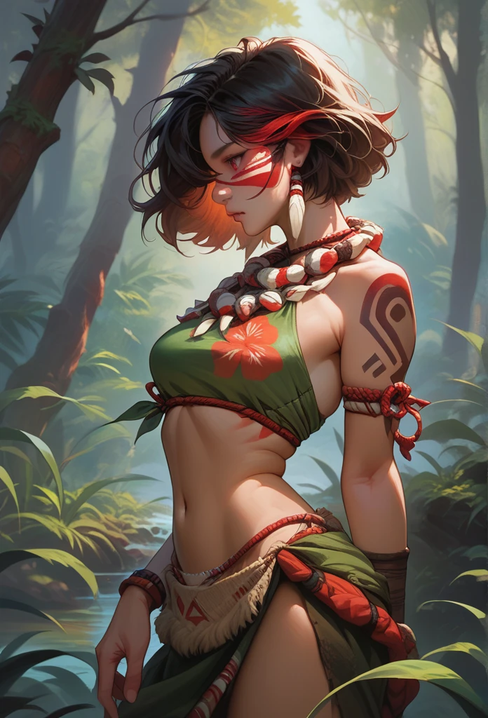 detailing face, detailing body, hair over eyes, 1 girl, Alone, hands, Asian, short black hair with red highlights, red eyes, realistic, textures, 8K, perfect hand, perfect anatomy, Profile, visible curves, Breasts, Tribal, native, forest, tribal tattoo, hawaiian mask, hawaiian tribe