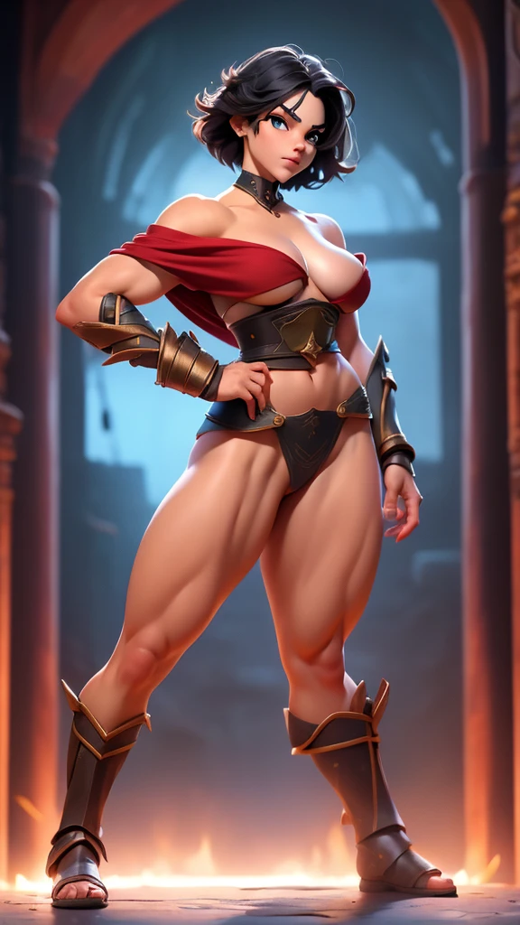 (masterpiece), best quality, expressive eyes, perfect face(masterpiece), best quality, expressive eyes, perfect face, Female warrior, short black hair, scar on left eye, bronze skin, red lips, amber eyes, wide hips, thicc thighs, large breasts, red cape torn shoulder, arm sleeves, belt on legs, steel plate boots, steel plate gauntlets, chocker, breast plate, pussy plate, body scars, body side view, greatsword on back, arm armor, leg armor, half naked,