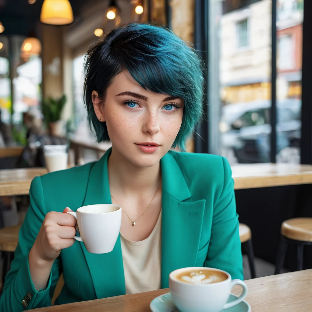 Woman 20 Years Old Nordic Ethnicity, short blue hair with a perfect face and light freckles, Blue-Green Eyes, NovaiBrew at a chic café, enjoying a coffee. The focus is on the coffee and her stylish outfit (((black blazer))) (((beige blouse))), with the background slightly blurred to keep the attention on her. ((Color palette - turquoise, neon green, yellow shades))