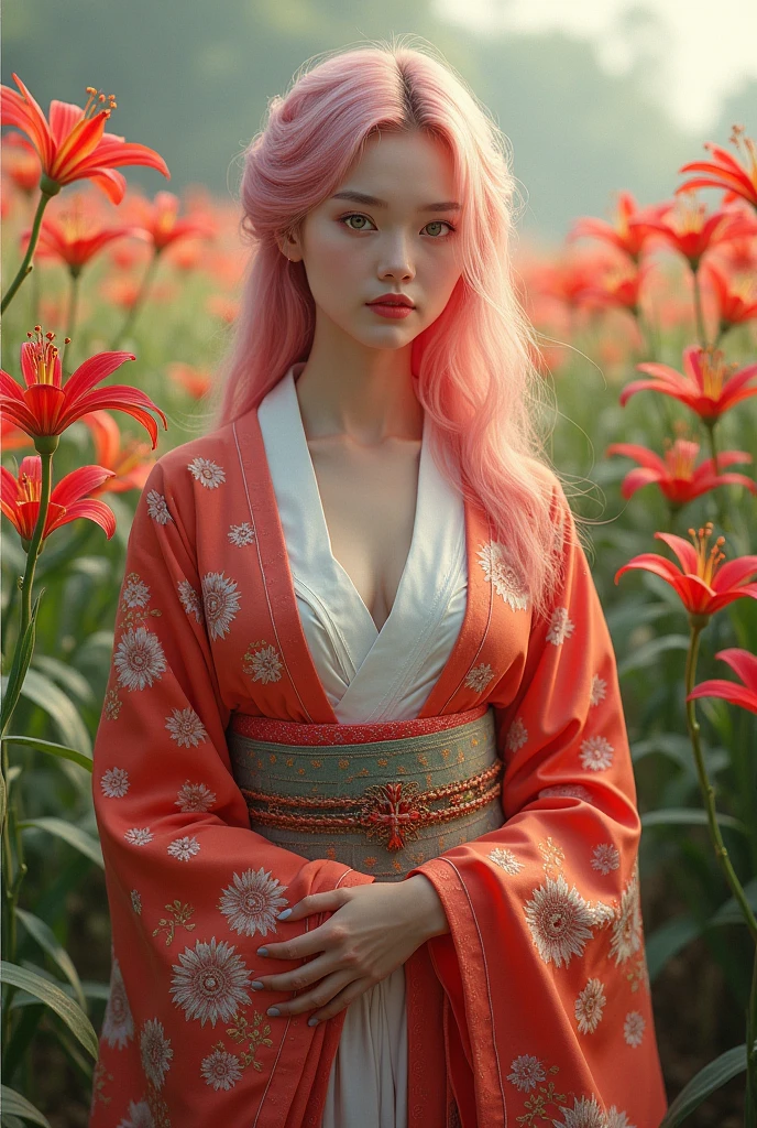 Beautiful woman in a beautiful kimono、Pink Hair、A field of blooming spider lilies、