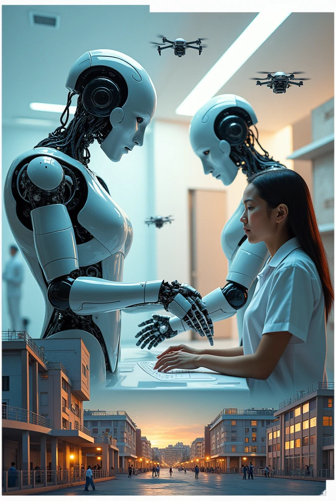 Generate an image
A collage of all these below
A robot performing surgery, robot as teacher at school and 10 min grocery delivery by drones