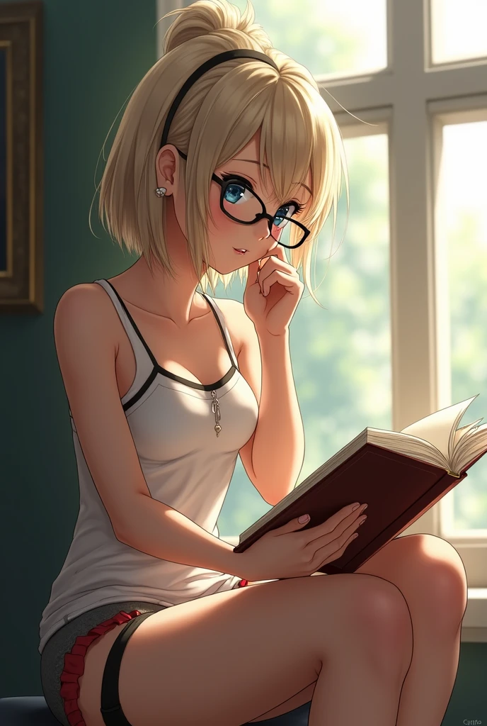 A blonde girl with glasses is reading a book by the window、Black and red underwear。