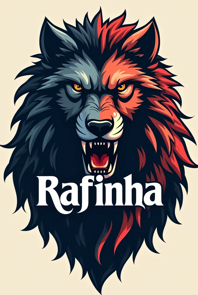 Make a logo with the name RAFINHA in the middle, with the head of a lion and the other half of a wolf.