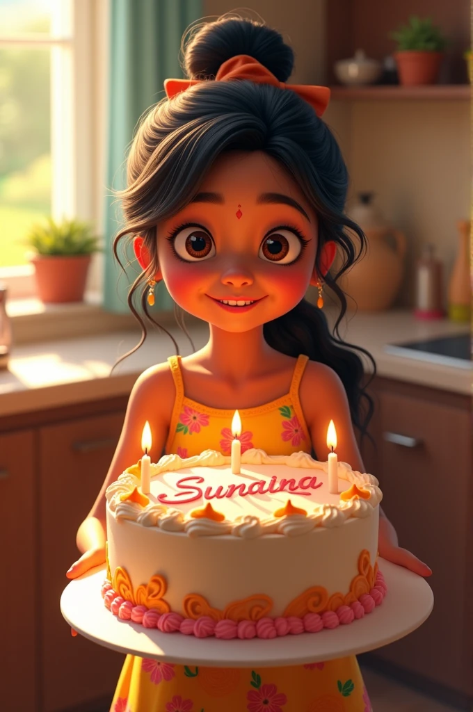 A girl's name is Sunaina and she is carrying a birthday cake with her name on it.