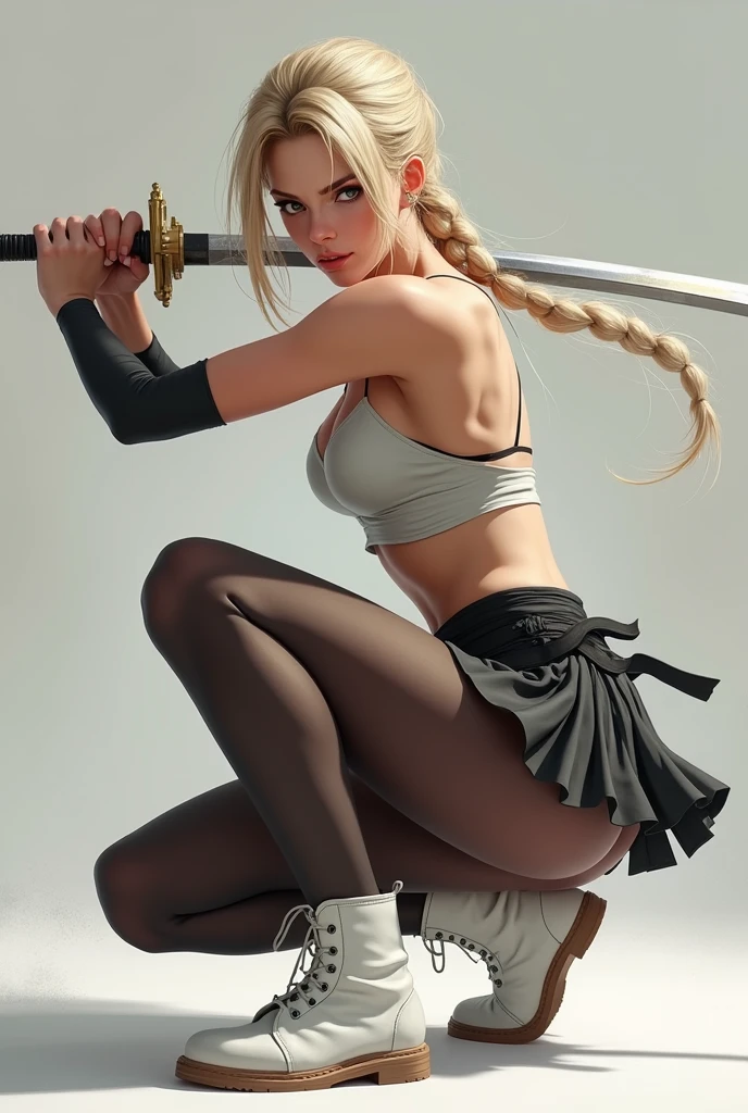 masterpiece, best quality, Super rendering, Super realistic, High detail face, Clean and delicate face, whole body, Crouch and swing the sword, Hold the sword correctly, Single Braid Blonde Ponytail, partedbangs, forehead, Wearing a camisole and pleated mini skirt, Bare butt, Open your legs, sleeveless, Black pantyhose, White booties, Glaring at the audience, Simple color background