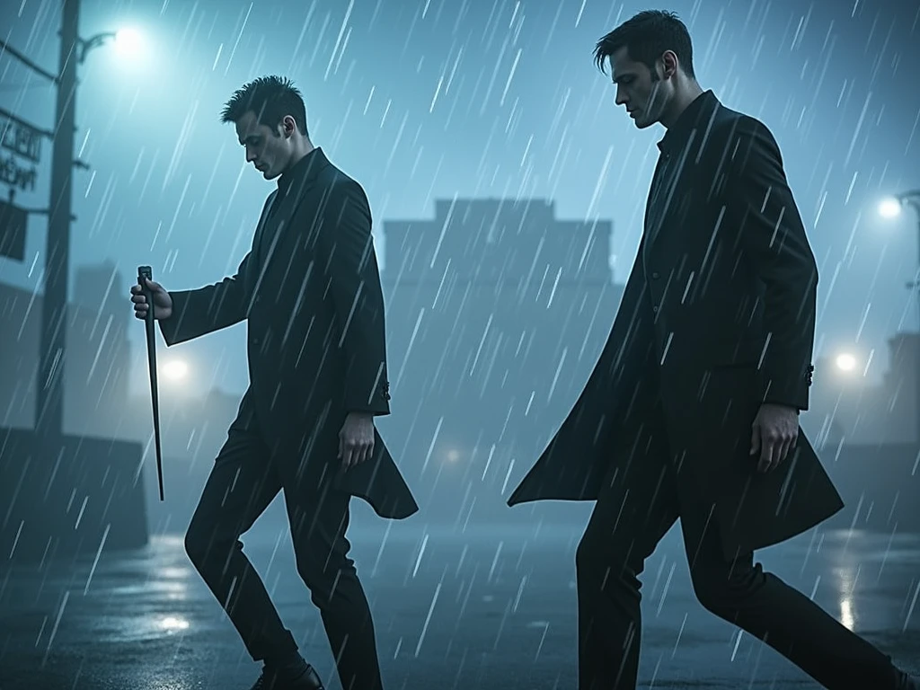 Two men dressed in black in the rain