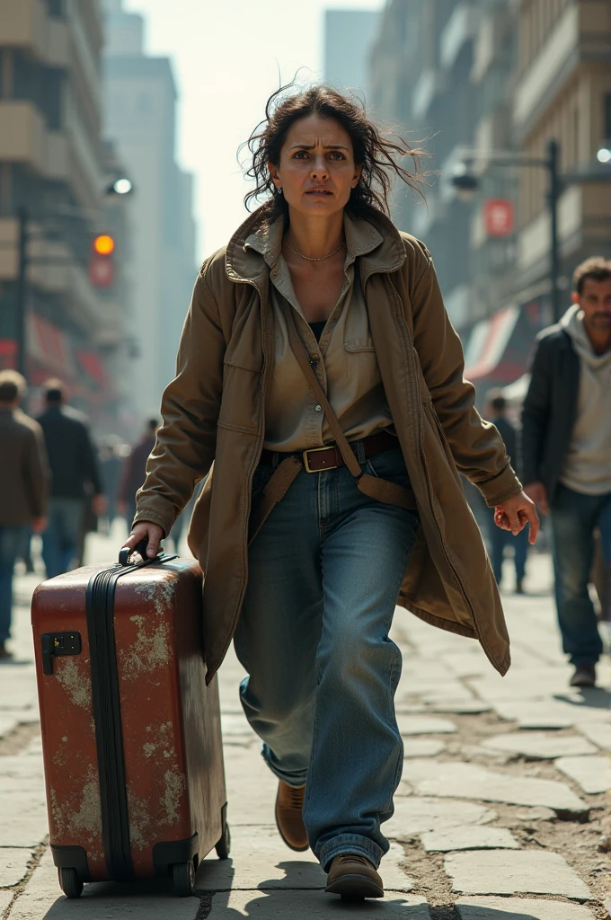 Woman dragging a broken suitcase