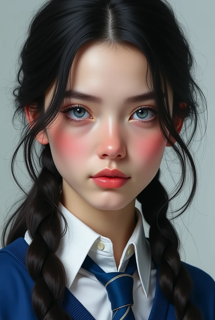 (photorealism:1.2) she has a rosy complexion, long black hair half tied, blue-gray almond eyes and she wears a Ravenclaw uniform
