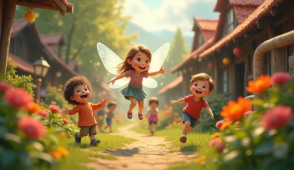 Generate a realistic photo. Image: A vibrant village scene where children are smiling and playing joyfully. The fairy is hovering above them, and a magical sparkle is spreading happiness throughout the village.