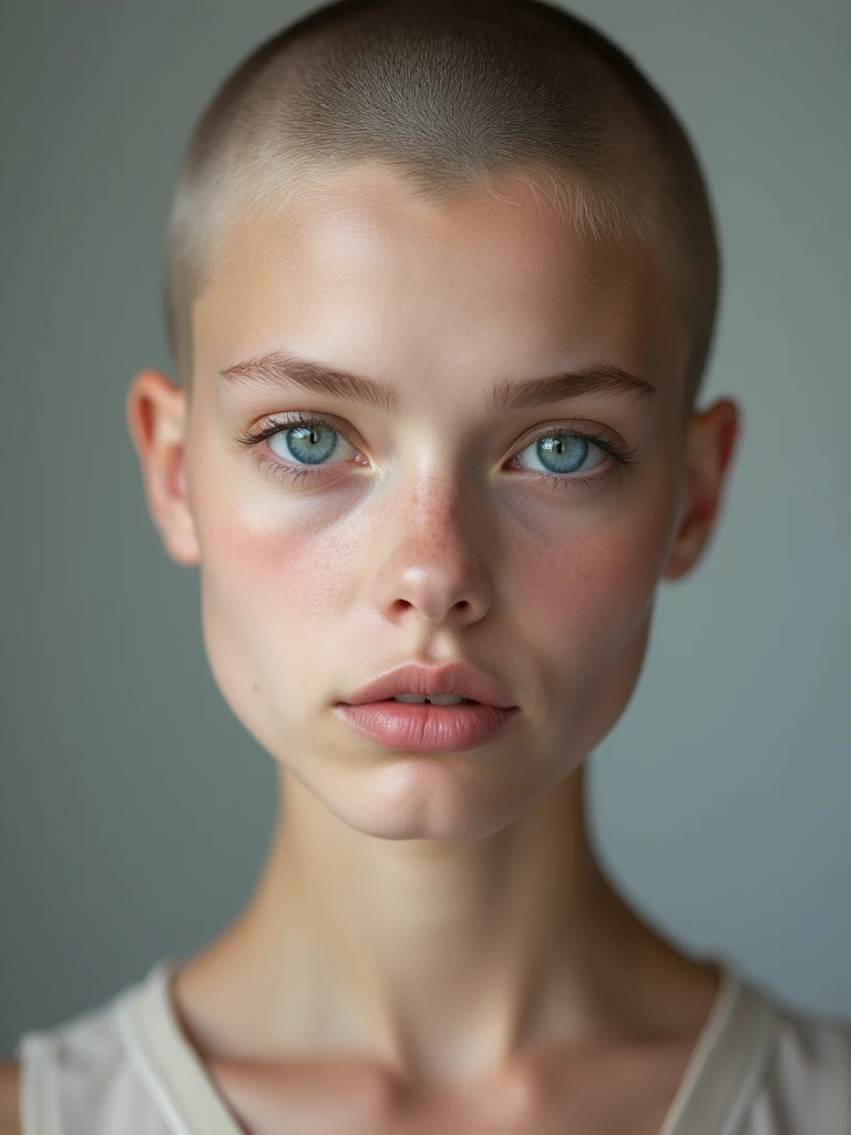bald girl, close up, no make up, natural beauty, studio portrait, even light, detailed skin, blue eyes, shaved head