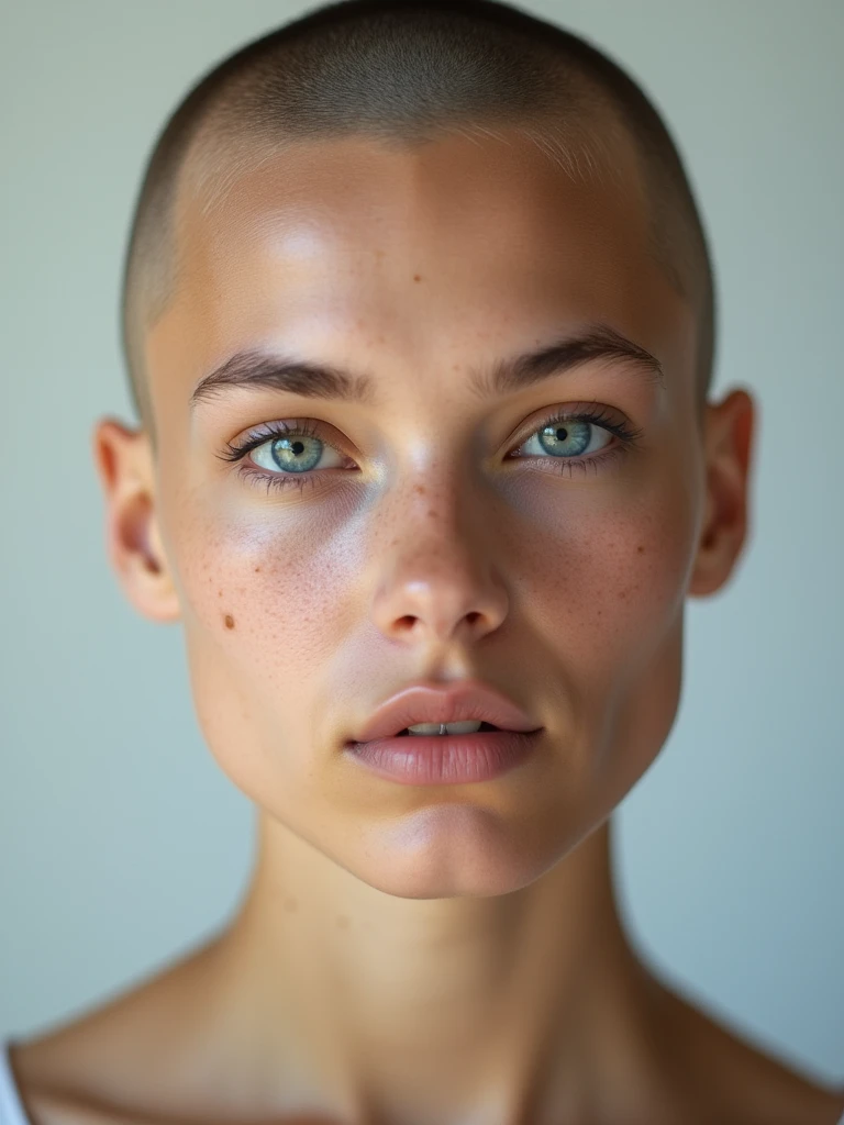 bald girl, close up, no make up, natural beauty, studio portrait, even light, detailed skin, blue eyes, shaved head