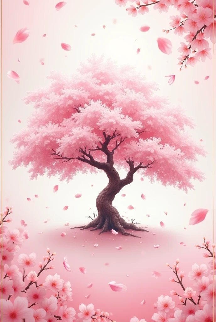 Imagine a rectangular flag with a soft light pink background. In the center, there's a large cherry blossom tree in bloom, with details in white and pink to add depth. Cherry blossom petals are scattered around the tree, some falling and others in motion, creating a dynamic effect. The petals vary in color from pale pink to deeper pink. The flag may have a thin outline in gold or silver to add an elegant touch.