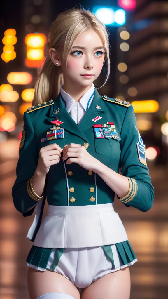 ((Highest quality)), ((masterpiece)), (detailed), high ponytail, ((Blonde)), Beautiful girl, Cute Eyes, Green eyes, False eyelashes, (((Watery eye))), (Blushed:1.3), white skin, (soldier uniform:1.4), ((bulge)), RPG-7, outside, raining, crowded city, fog, evening, neon sign,