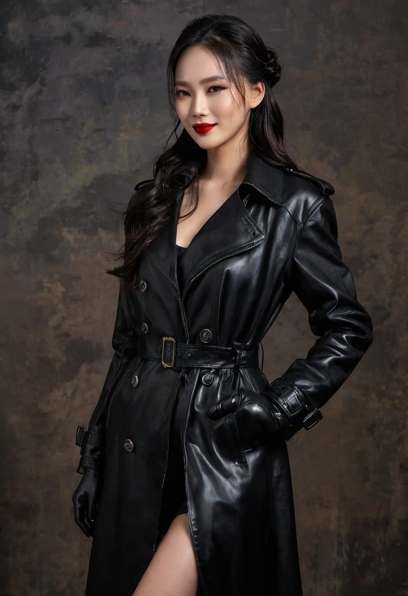 (( 16K a high resolution, high quality 4 chinese model actress, 4 chinese model actress, wearing 16K a high resolution, high quality black leather knee up black leather two masterpiece epaulettes, Long black leather double trench coat with epaulettes, both arms 16K a high resolution, high quality two black leather gloves with black leather , black leather gloves both hands, underneath this 16K black leather masterpiece, black leather long pants made of sheepskin 16K, a high resolution, high quality, clear face 16K, high,  16K, a high resolution, high quality, high, bright red lipstick, smile, Laughter, обольстительная smile, black gothic makeup, leather-gloved hands, long hair braided, old night city, light of lanterns, It&#39;s raining ))
