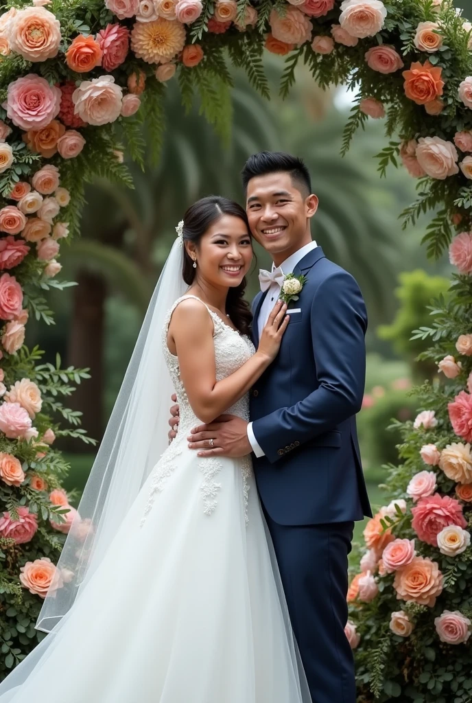 Real pinoy couple wearing wedding standing say cheese with arounding flowers 
