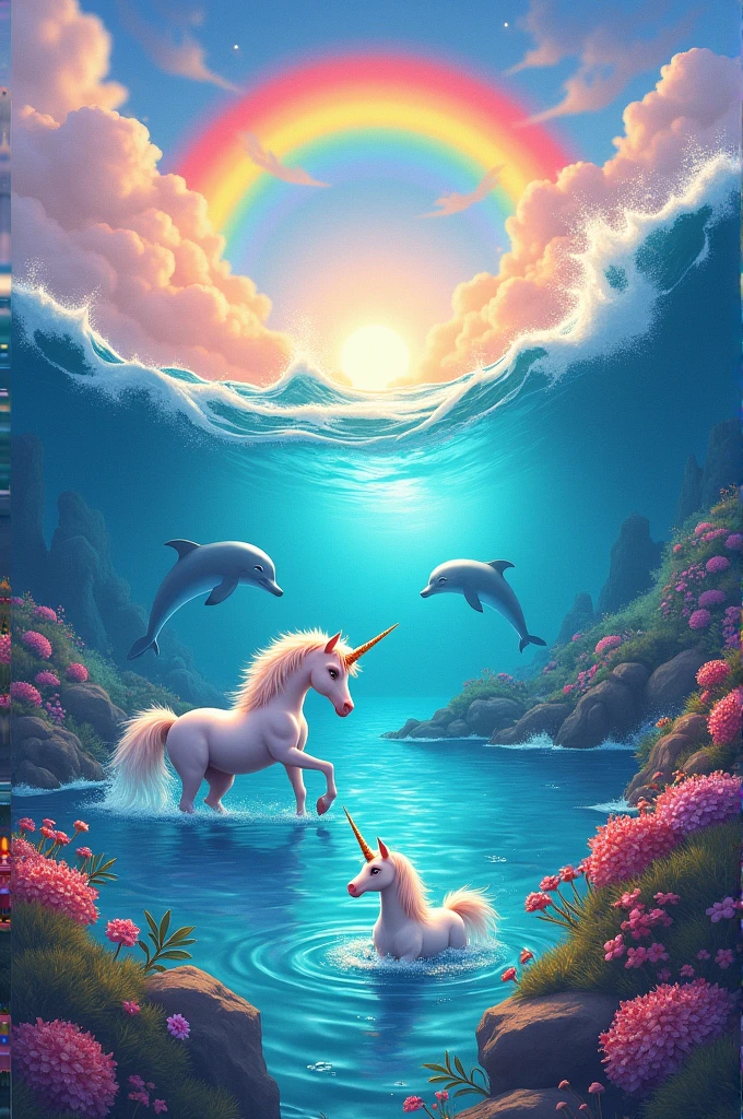 A rainbow landscape in a sea with unicorns and dolphins 