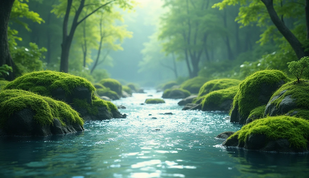 flowing river water and mossy rocks