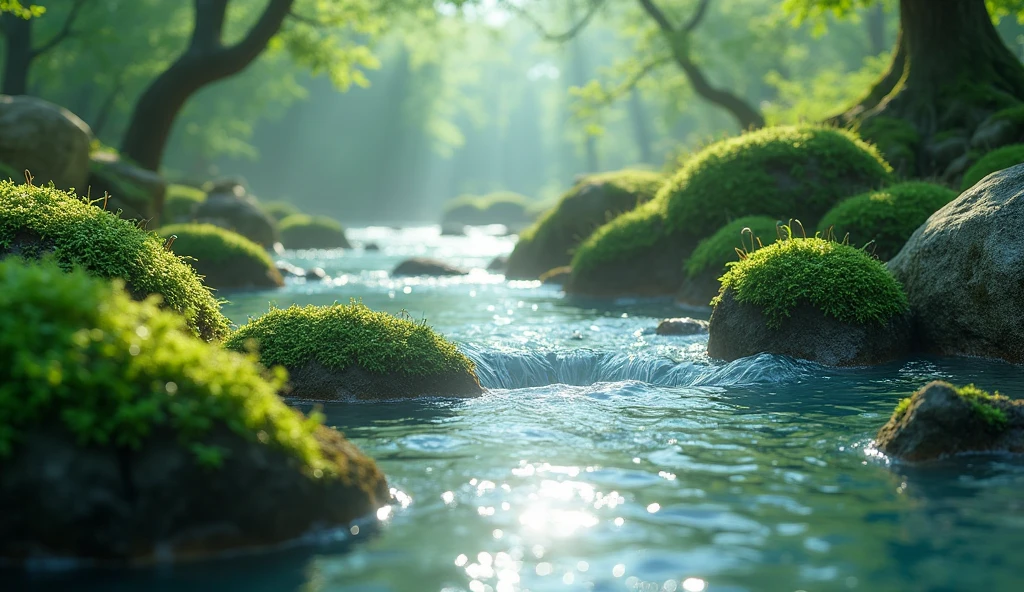 flowing river water and mossy rocks
