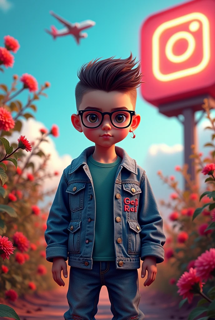 A  boy , hear cut style , cargo jean realistic 
,denim black jacket on written bold name "GEJI RAI" , red shoes , eye nose ear very clear cool ,kulfi boy , cinematic , realistic, background in flowering. Lighting plant, ear in bluetooth , modern style , side a Instagram cube on write "ohi_geji_yaar_143" wear a glass on eyes , cloud weather and aeroplane