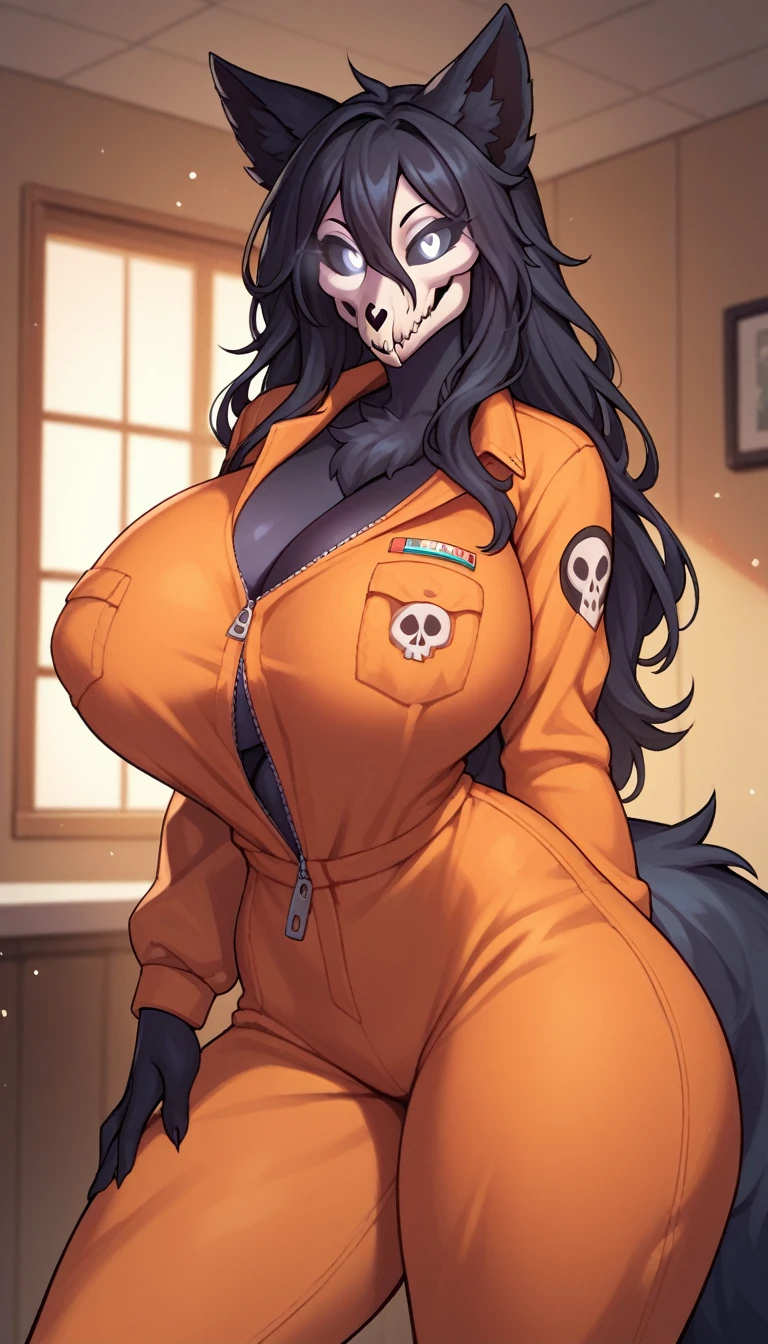 score_9, score_8_up, score_7_up, score_6_up, BREAK, MaloSCPXL, anthro furry, furry female, body fur, black fur, head skull, white eyes, glowing eyes, black sclera, black hair, long hair, hair between eyes, animal ears, black tail, oversized breasts, breasts spilling, thick thighs, orange jumpsuit, solo, standing, looking at viewer, indoors