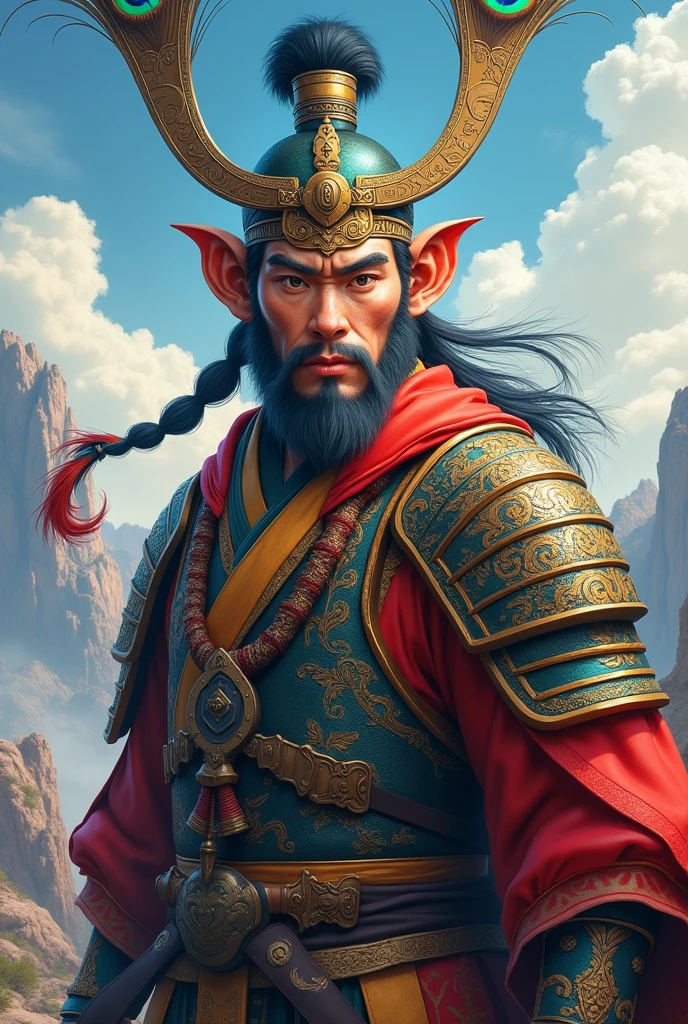 Sun wukong with armor chinese general With 2 long peacock feathers on its head
