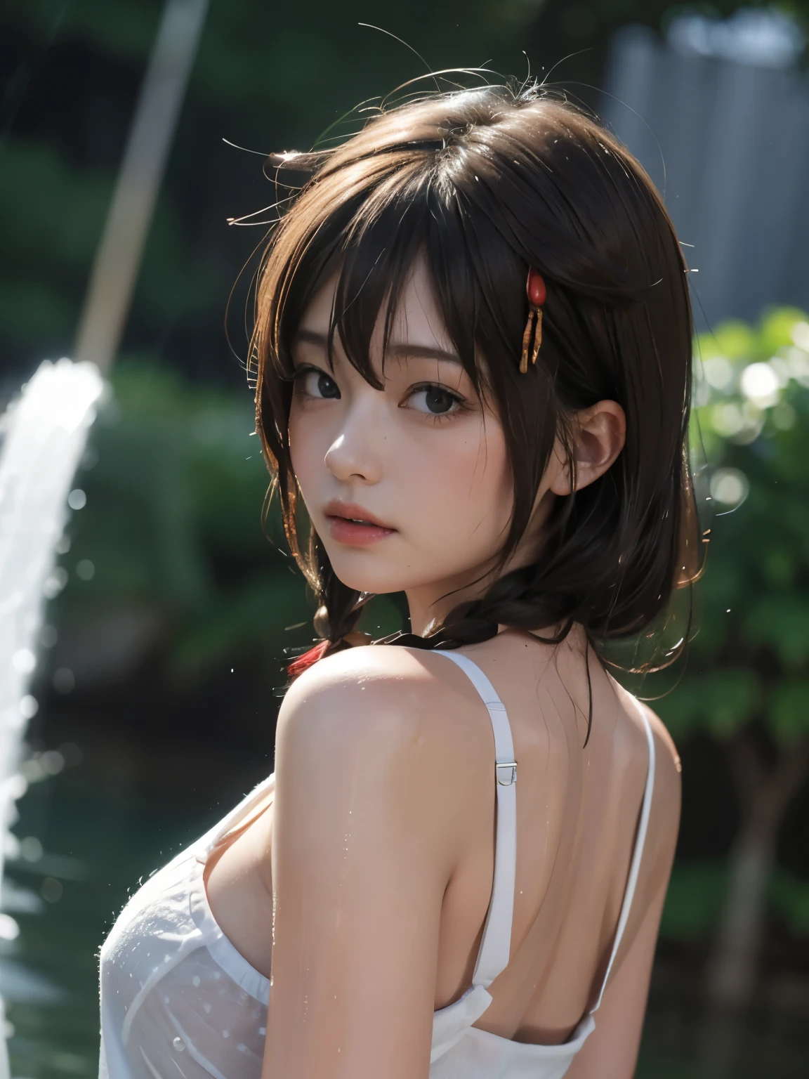 (8k, RAW Photos,Highest quality, High resolution:1.1), (Ultra-realistic:1.4),(Realistic, Realistic:1.3),The Beauty of Japan、
BREAK (((White tanktop, Wet sheer tanktop))), Transparent nipples, 
BREAK Arching the back , ((Upper Body:1.3)), Lean Body, large Breasts,
BREAK 1girl, solo, 17 yers old, shigure, ahoge, single braid, hair ornament, hair flaps, hand ribbon,
BREAK ((Wet with rain)), 
