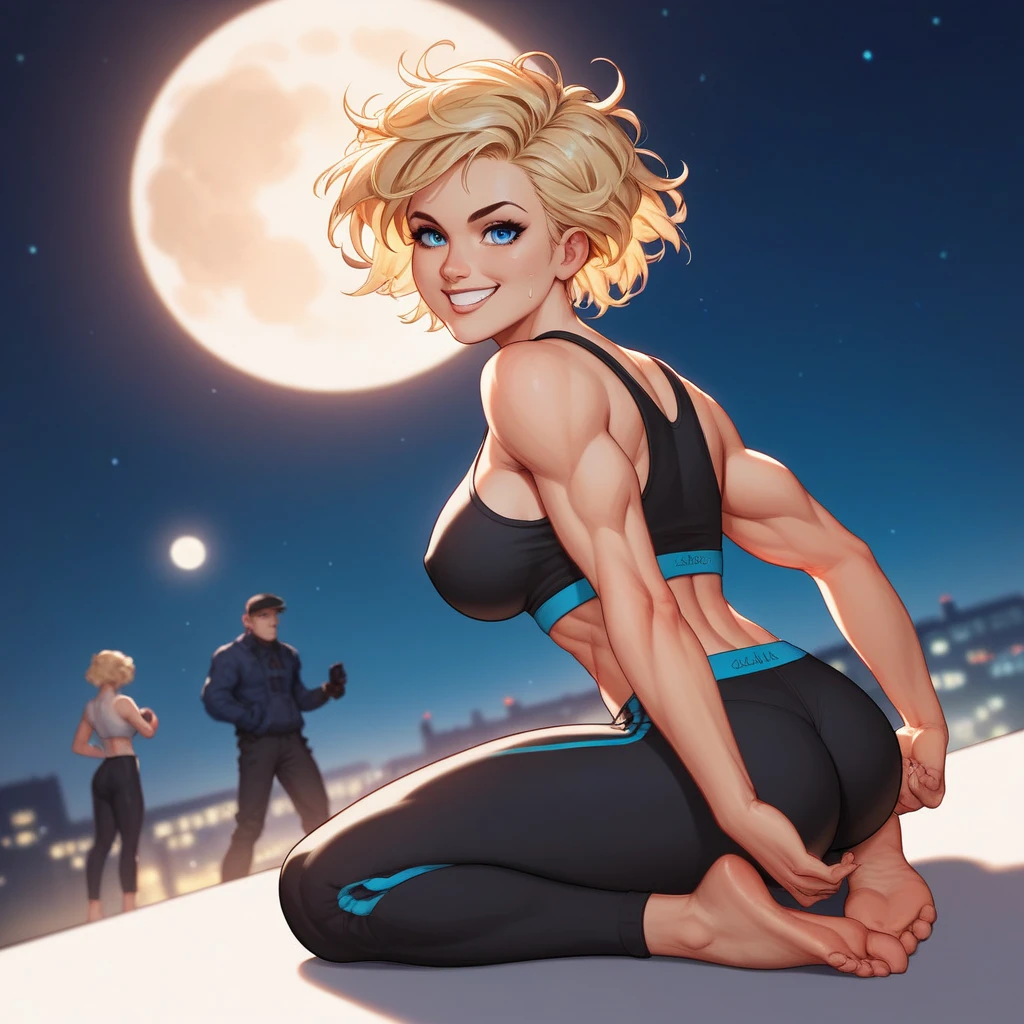 (masterpiece), Blonde Caucasian Woman, short hair, Messy Hair (Highest quality), Super Resolution, Super detailed, Perfect lighting, An athletic body, Strong and muscular, Large and firm breasts, Black sweatpants, Wearing a black top, Black leggings, Facial expression happiness, Focus on women, In combat readiness, blue eyes, smile, barefoot, Manhattan at night, moon