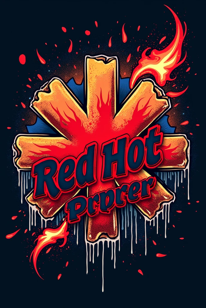 "Create a logo for the music band 'Red Hot Chili Peppers' that incorporates American political themes. The design should feature bold and dynamic elements to reflect the band's energetic and rebellious style integrate flames and chilli peppers that intertwine around American political themes, giving a dynamic, fiery effect. Include a variation of the iconic red asterisk, but blend it with subtle hints of American political imagery, such as abstract representations of the U.S. flag, stars, or stripes.The band's name, "Red Hot Chili Peppers" should be in bold, graffiti-style lettering that appears to be scorched or singed at the edges, conveying a rebellious spirit. The color scheme should primarily use red, white, and blue to emphasize the American theme, while maintaining a rock-and-roll aesthetic. The overall design should be visually striking and easily recognizable as a modern take on the band's identity with a political twist."