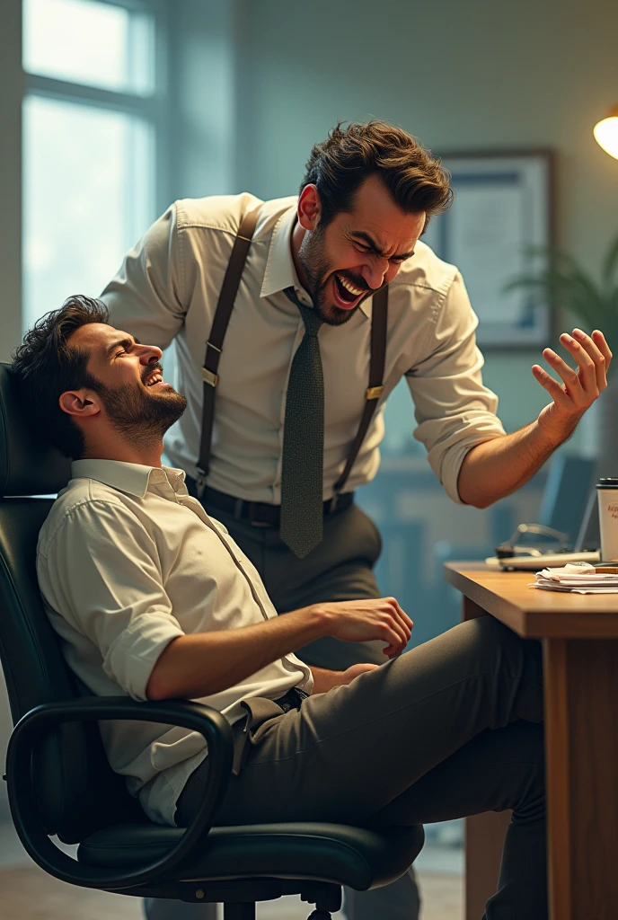 sweaty salesman trying to sell a product to a customer asleep on the chair