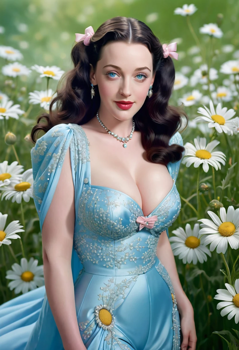 nose piercing, standing, jewelry, BABY-BLUE cloak, baby-pink jumpsuit (insanely detailed, beautiful detailed face, masterpiece, best quality), cleavage, piercing blue eyes. TWIN-TAILS. BEAUTIFUL COMBO OF Hedy Lamar AND Kat Dennings. dd-cup sized breasts. short and dainty. happy, smiling cheerful face. Skipping in a magical meadow of daisies. Magical realism. 1950s Panovision 70. 4K Ultra HD, Extreme Detail And Intricate Realism. Stunning 2D Vector Detailed clear. lifelike.