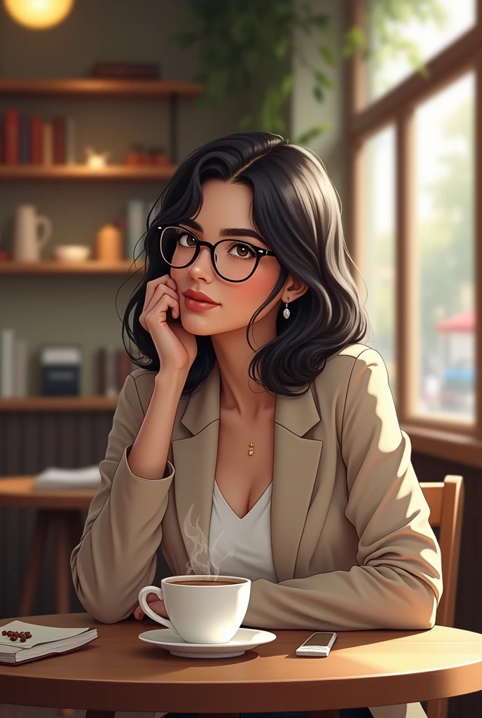 Create the image of a woman with a light blazer, She has dark hair and is wearing glasses and is sitting in a coffee shop