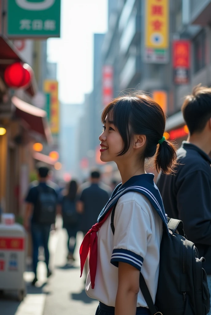 Shoot people in the style of modern street photography, capturing the dynamic and frank nature of city streets. The character is a Japanese high school girl who wears a sailor costume. The background should be a bustling city street where architecture, street art and people are intertwined. As she smiles in the early fall morning light, the figure should be captured in a natural, unposed moment, perhaps looking at something in the distance or interacting with her surroundings. The light should be natural, mixing sunlight and city lights to create a lively atmosphere.