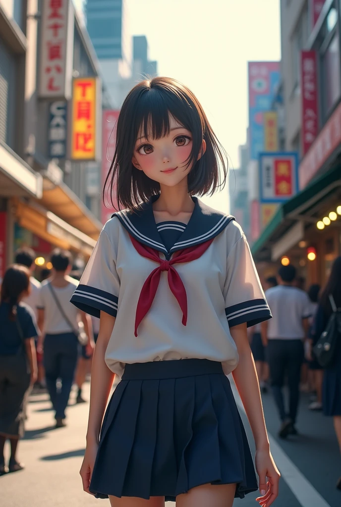 Shoot people in the style of modern street photography, capturing the dynamic and frank nature of city streets. The character is a Japanese high school girl who wears a sailor costume. The background should be a bustling city street where architecture, street art and people are intertwined. As she smiles in the early fall morning light, the figure should be captured in a natural, unposed moment, perhaps looking at something in the distance or interacting with her surroundings. The light should be natural, mixing sunlight and city lights to create a lively atmosphere.