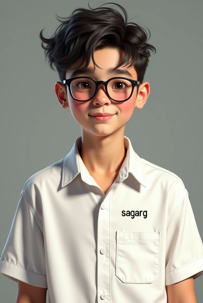 A handsome boy wearing glasses and white shirt written SagarG on it