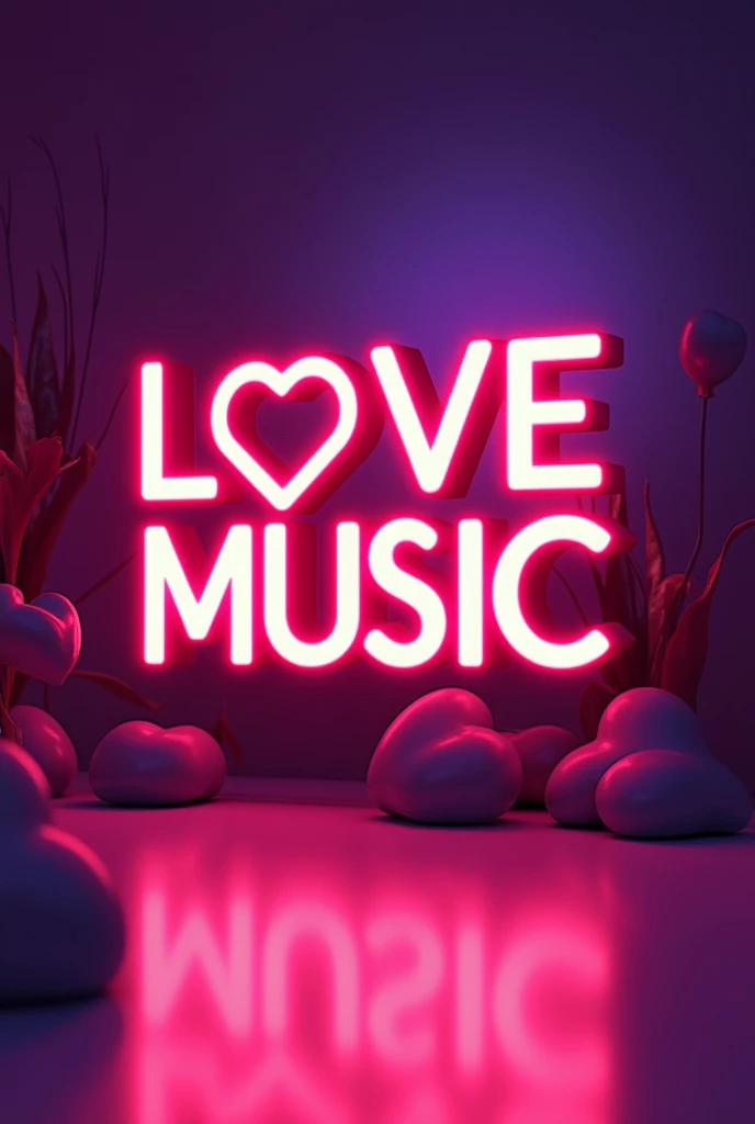 Create a realistic 3d image of "Love❤️Music" in style bold font,purple love background,neon. Capital letter.