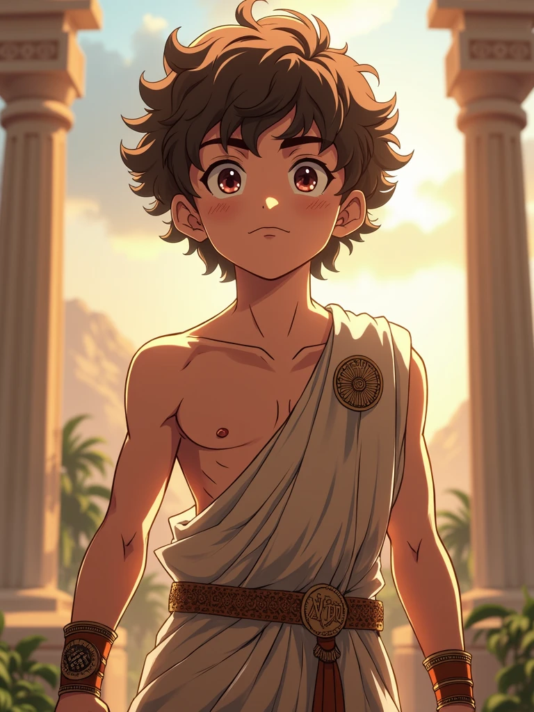 Katsuma is a boy with brown eyes, curly, light brown hair, and a small patch of freckles in the middle of his face. light brown hair, ancient greek clothes. shirtless guy, younger, slightly muscular athletic body. Olympus Champion. Midoriya Izuku's Little Brother