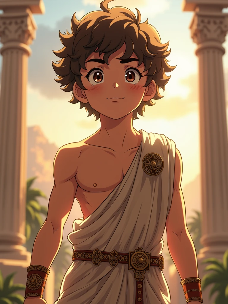 Katsuma is a boy with brown eyes, curly, light brown hair, and a small patch of freckles in the middle of his face. light brown hair, ancient greek clothes. shirtless guy, younger, slightly muscular athletic body. Olympus Champion. Midoriya Izuku's Little Brother