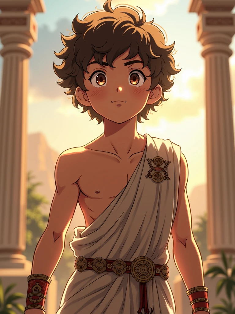 Katsuma is a boy with brown eyes, curly, light brown hair, and a small patch of freckles in the middle of his face. light brown hair, ancient greek clothes. shirtless guy, younger, slightly muscular athletic body. Olympus Champion. Midoriya Izuku's Little Brother