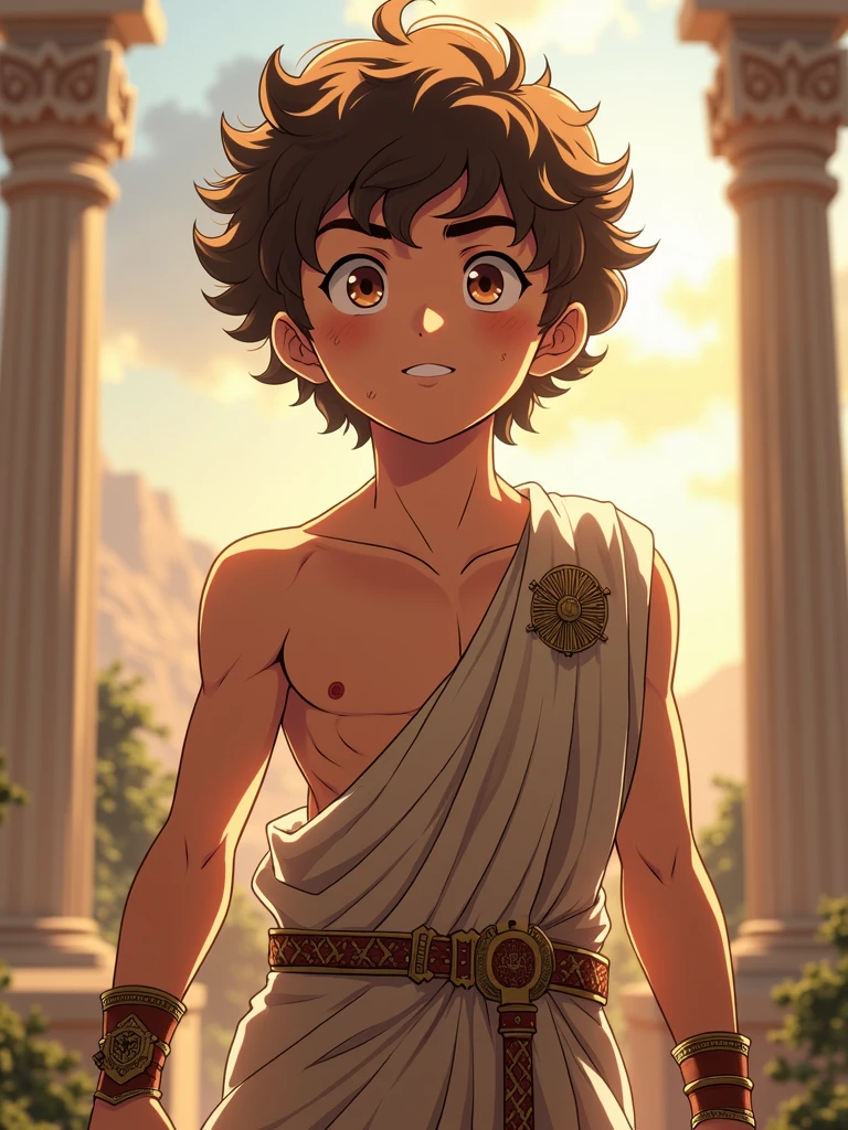 Katsuma is a boy with brown eyes, curly, light brown hair, and a small patch of freckles in the middle of his face. light brown hair, ancient greek clothes. shirtless guy, younger, slightly muscular athletic body. Olympus Champion. Midoriya Izuku's Brother