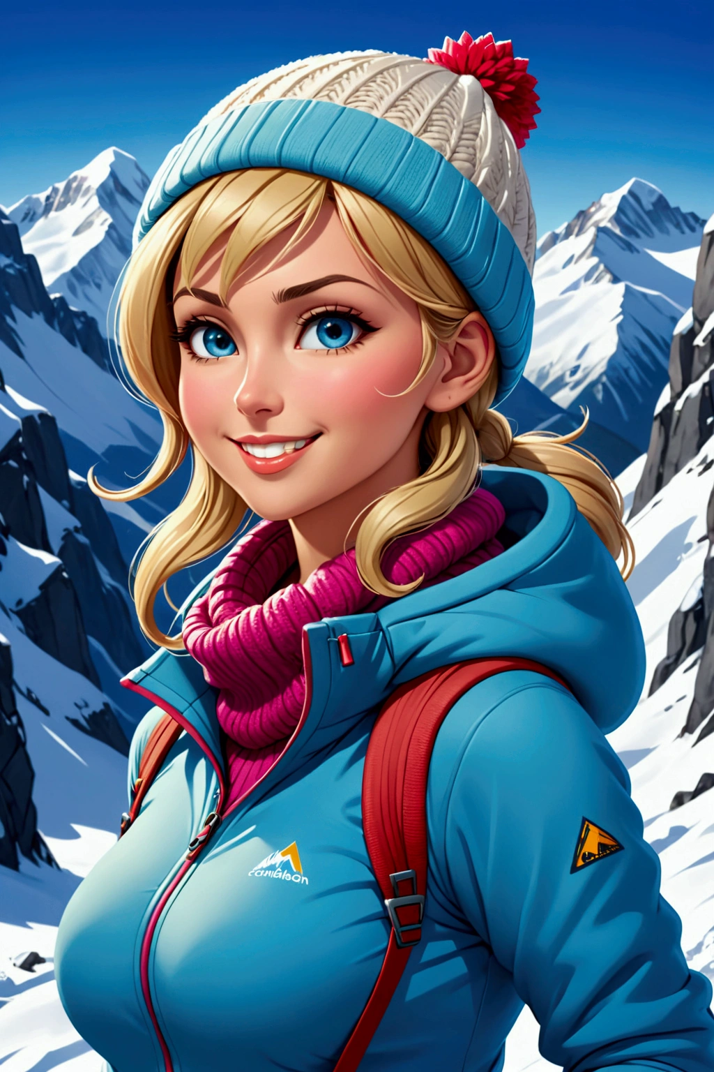 realistically、1 girl、Face to face with authentic outdoor mountaineering clothing、Wearing a knitted hat、hair blonde、Sexy pose with big breasts、Emphasis on the neckline, face, smile、Snow covered climbing