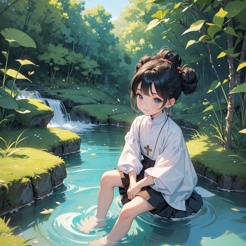 A chibi child girl had a small face and wearing a little tourist priest’s outfit, a pair of big round eyes shone with curiosity about him. This child was so cute, her hair is black with buns on her hair. Small chibi , chibi baby, smiling , chibi.
Sitting fishing next to a green stream, a blue river full of fish. flowing slowly