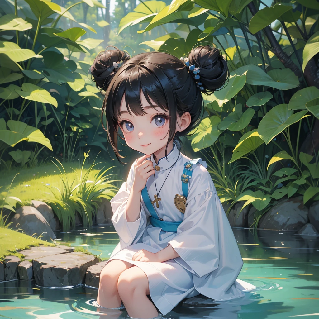 A chibi child girl had a small face and wearing a little tourist priest’s outfit, a pair of big round eyes shone with curiosity about him. This child was so cute, her hair is black with buns on her hair. Small chibi , chibi baby, smiling , chibi.
Sitting fishing next to a green stream, a blue river full of fish. flowing slowly