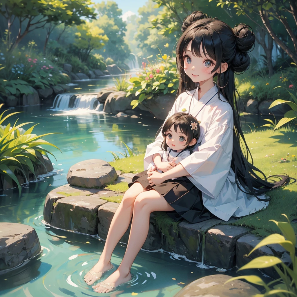 A chibi  girl had a small face and wearing a little tourist priest’s outfit, a pair of big round eyes shone with curiosity about him. This childso cute, her hair is black with buns on her hair. Small chibi , chibi baby, smil, chibi. 

Sitting fishing next to a green stream, a blue river full of fish. flowing slowly