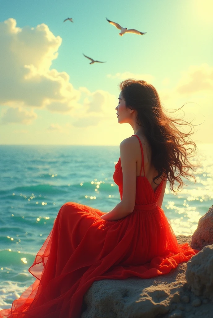 A woman sitting in front of the sea in a beautiful red dress decent Her hair is down, looking at the sea and the birds so far in the sky, and the sunlight appears on her as if it were hope without any resemblance or clear features 