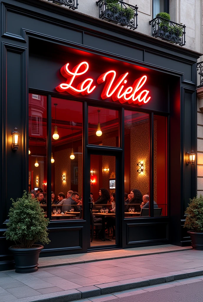 Facade of a restaurant with black and red decor in light tones with a glass front and the name is La Viela and the sign is in neon